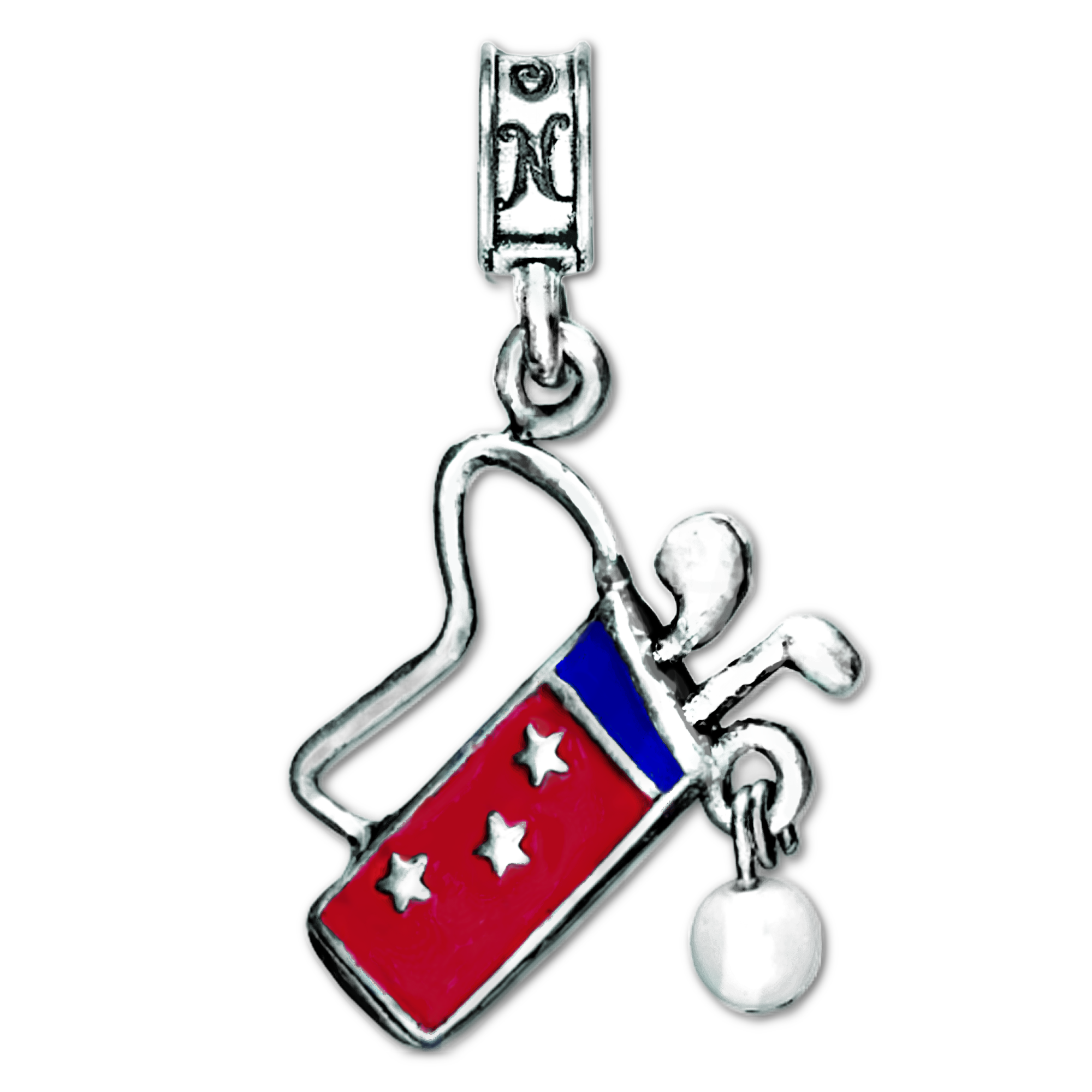 A silver golf club charm with a red and blue striped design featuring a white star and the text 'FORT GORDON'.