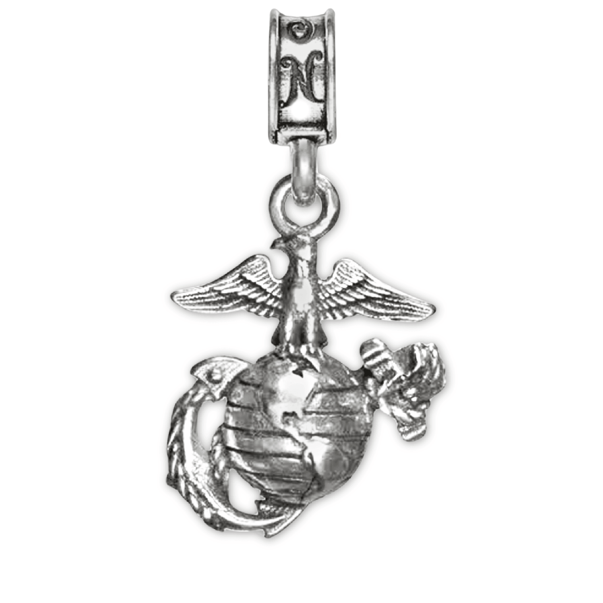 A silver charm featuring the Marine Corps emblem, which includes an eagle, globe, and anchor.