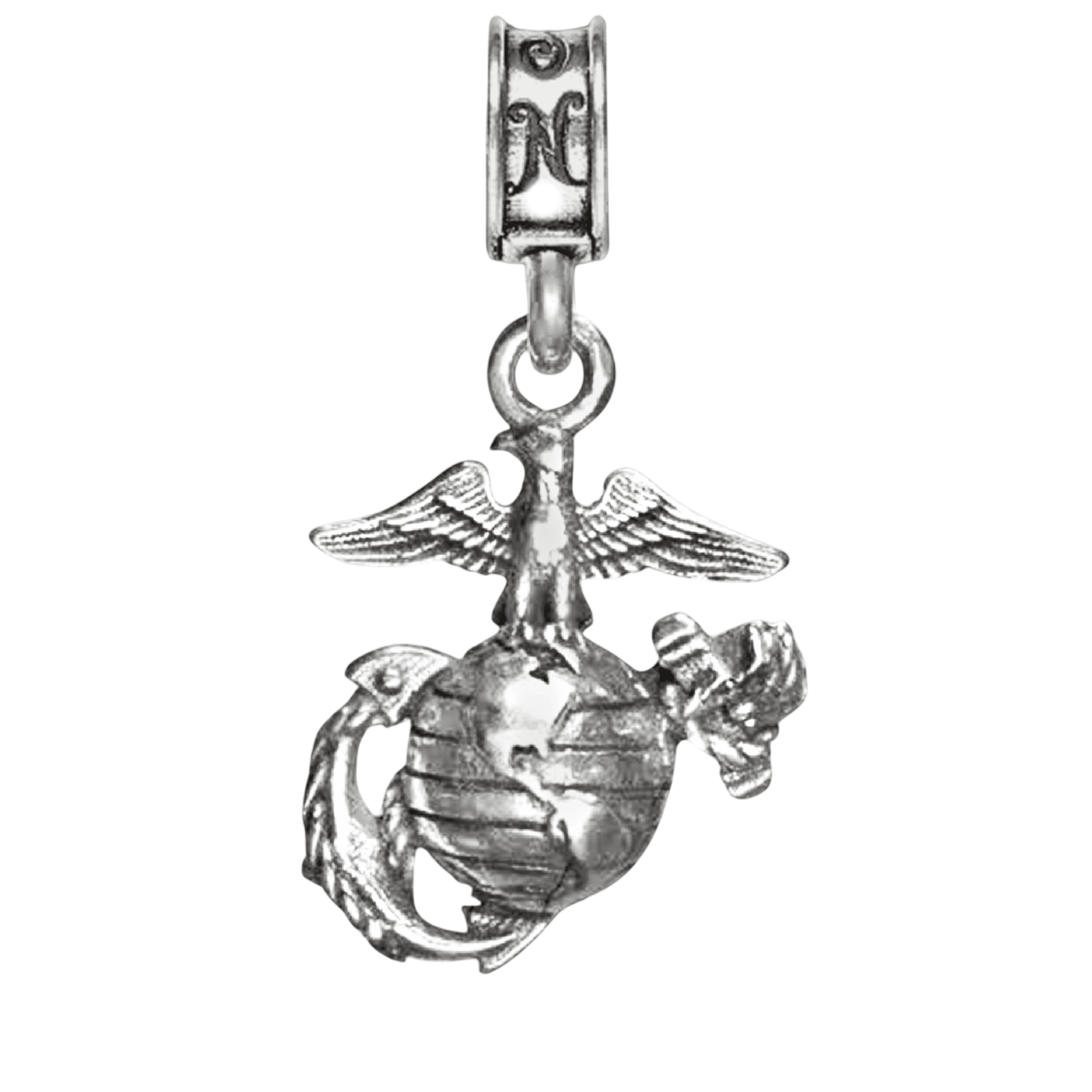 A silver charm featuring the Marine Corps emblem, which includes an eagle, globe, and anchor.