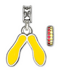 A silver charm in the shape of yellow footprints with a small multicolored pave charm attached.