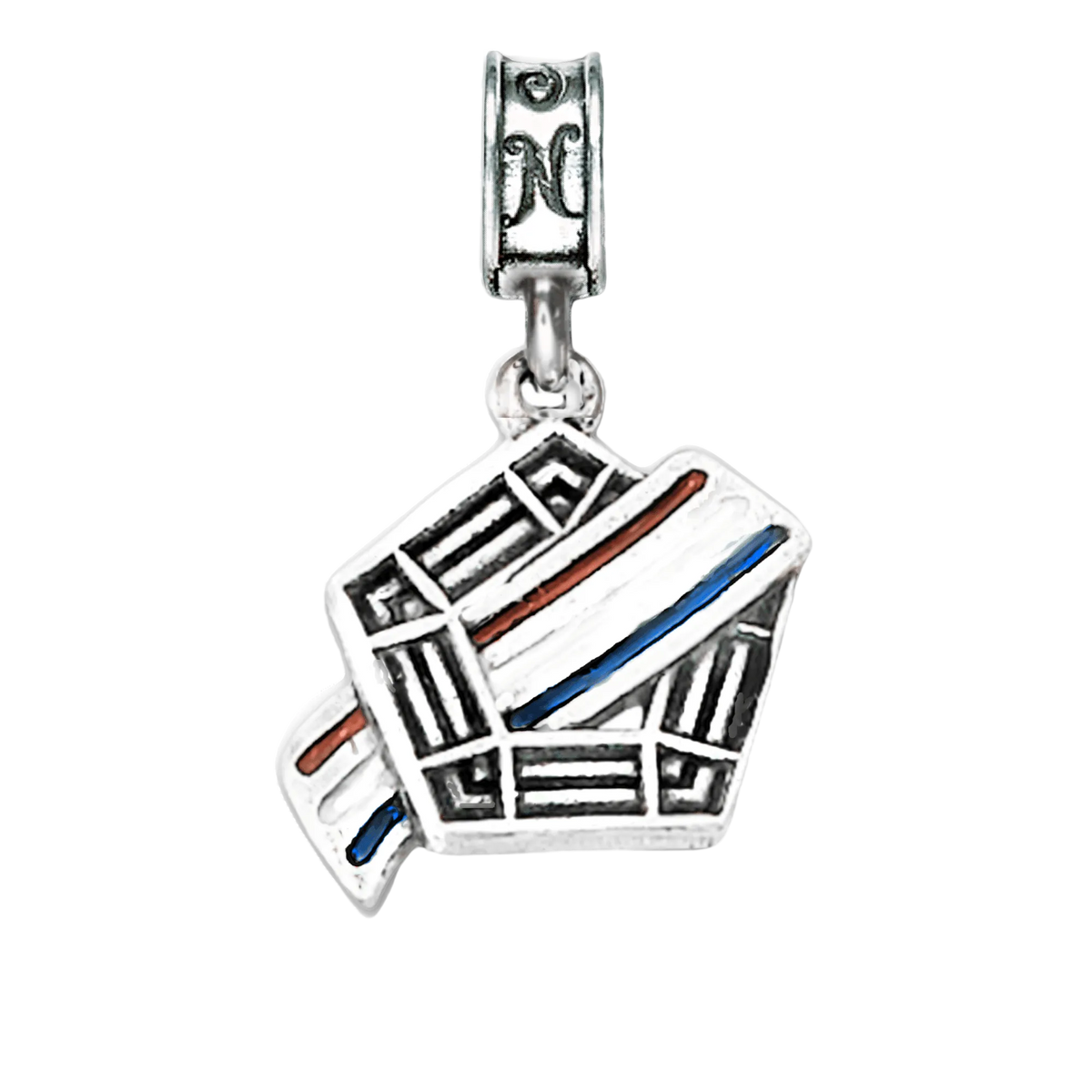A sterling silver charm featuring United States Pentagon in Washington DCwith a red white and blue flag waving