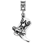 A sterling silver cowboy boot charm with a star and western scroll details, shown on a plain white background.