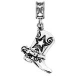 A sterling silver cowboy boot charm with a star and western scroll details, shown on a plain white background.