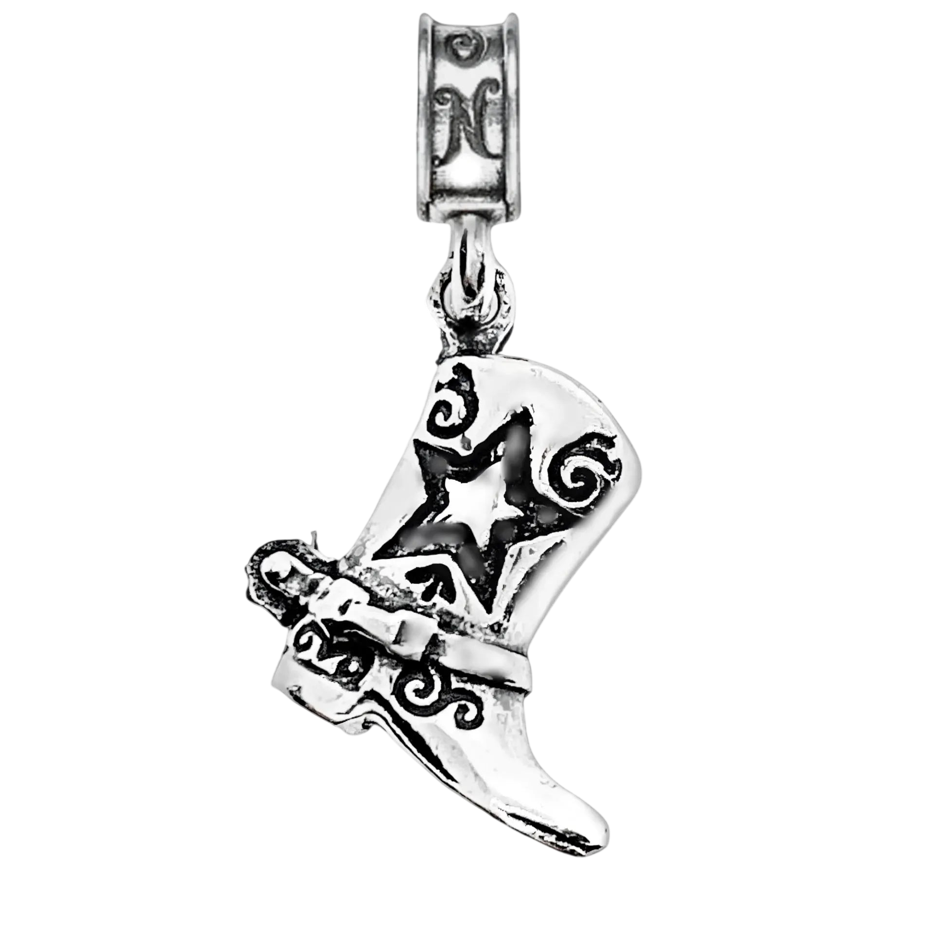 A sterling silver cowboy boot charm with a star and western scroll details, shown on a plain white background.
